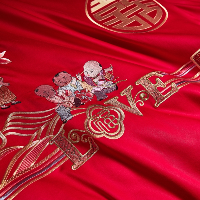 91家纺网 家纺一手货源 找家纺 宏羽纺 2024新款纯棉新中式刺绣婚庆多件套 子孙满堂