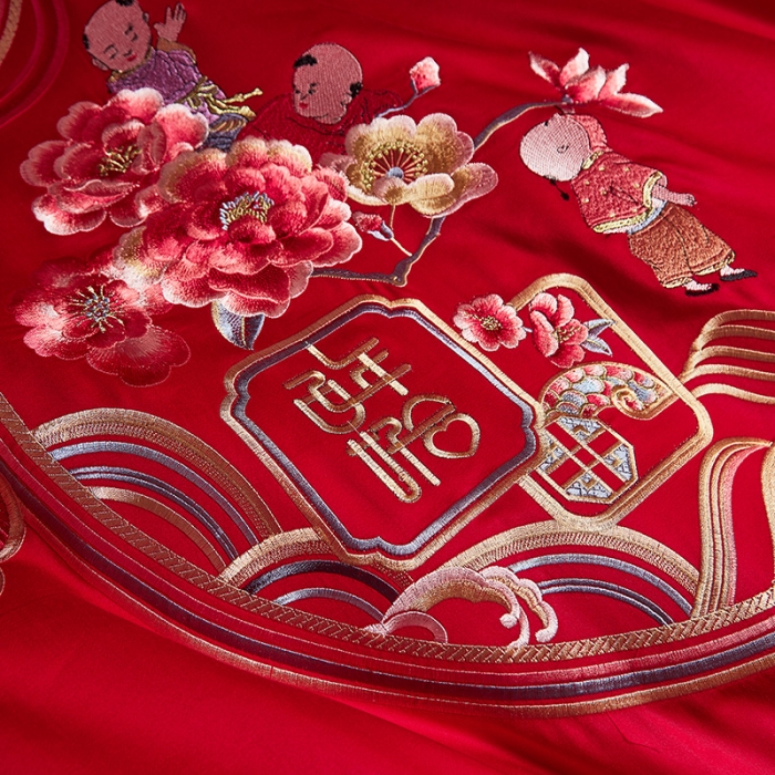 91家纺网 家纺一手货源 找家纺 宏羽纺 2024新款纯棉新中式刺绣婚庆多件套 子孙满堂