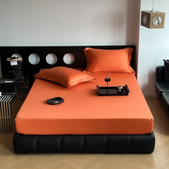 91家纺网 家纺一手货源 找家纺 爱丽丝 2023新款100支新疆全棉长绒棉纯色单品床笠 爱马仕橙