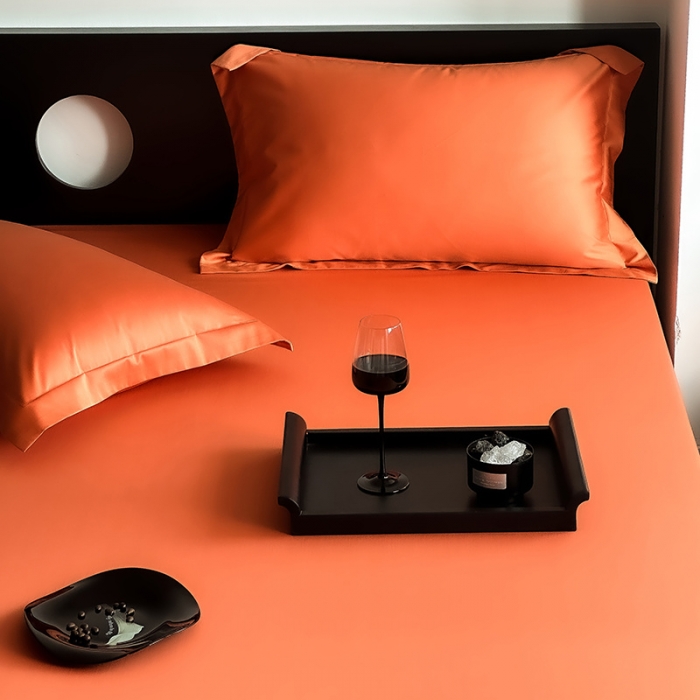 91家纺网 家纺一手货源 找家纺 爱丽丝 2023新款100支新疆全棉长绒棉纯色单品床笠 爱马仕橙