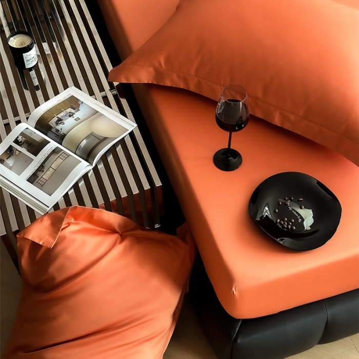 91家纺网 家纺一手货源 找家纺 爱丽丝 2023新款100支新疆全棉长绒棉纯色单品床笠 爱马仕橙