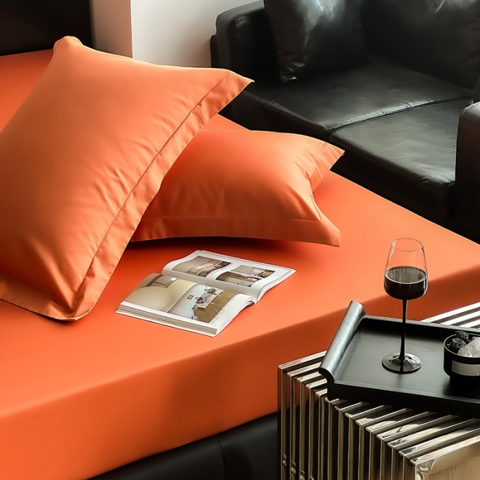 91家纺网 家纺一手货源 找家纺 爱丽丝 2023新款100支新疆全棉长绒棉纯色单品床笠 爱马仕橙