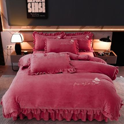 91家纺网 家纺一手货源 找家纺 绣女坊 2024新款韩版花边绣花牛奶绒四件套 豆沙色