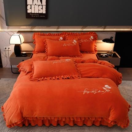 91家纺网 家纺一手货源 找家纺 绣女坊 2024新款韩版花边绣花牛奶绒四件套 橘色