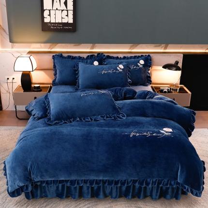 91家纺网 家纺一手货源 找家纺 绣女坊 2024新款韩版花边绣花牛奶绒四件套 蓝色