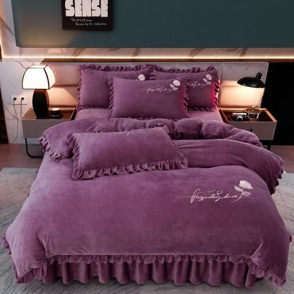 91家纺网 家纺一手货源 找家纺 绣女坊 2024新款韩版花边绣花牛奶绒四件套 紫色