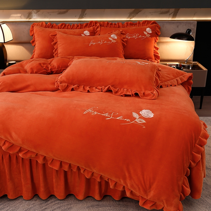 91家纺网 家纺一手货源 找家纺 绣女坊 2024新款韩版花边绣花牛奶绒四件套 橘色