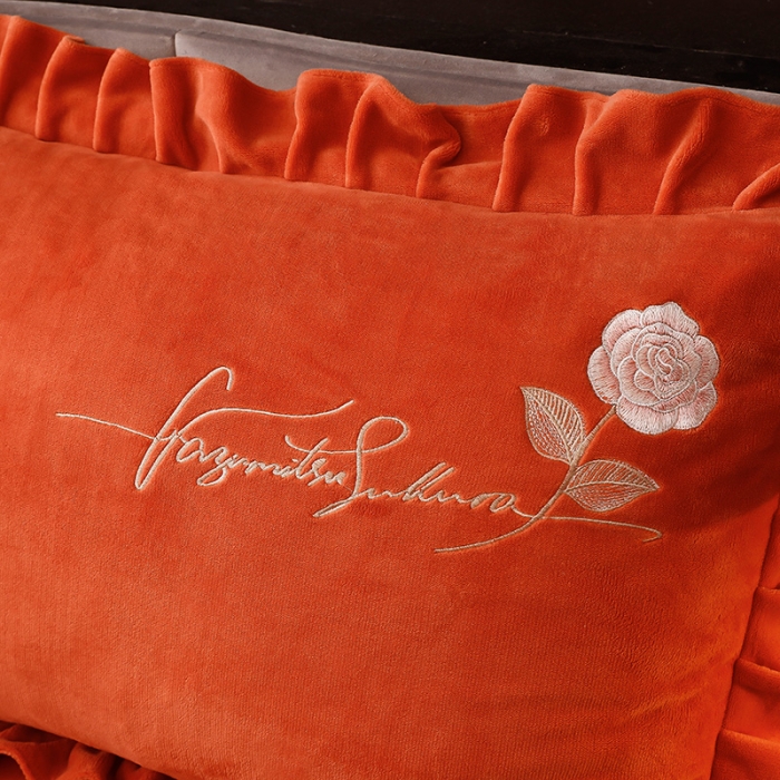 91家纺网 家纺一手货源 找家纺 绣女坊 2024新款韩版花边绣花牛奶绒四件套 橘色