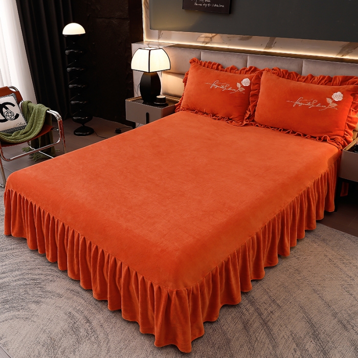 91家纺网 家纺一手货源 找家纺 绣女坊 2024新款韩版花边绣花牛奶绒四件套 橘色