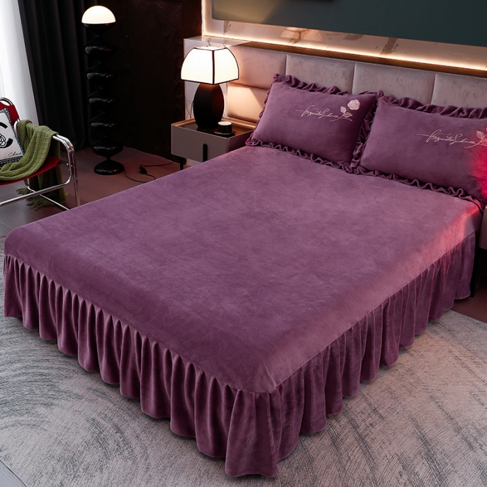 91家纺网 家纺一手货源 找家纺 绣女坊 2024新款韩版花边绣花牛奶绒四件套 紫色