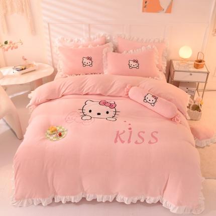 丝印良品 2024新款高端牛奶绒卡通刺绣牛奶绒四件套 kiss猫-粉