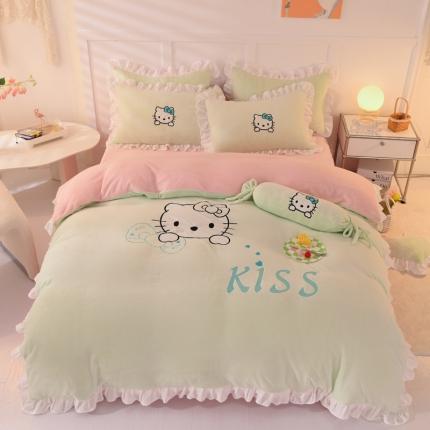 丝印良品 2024新款高端牛奶绒卡通刺绣牛奶绒四件套 kiss猫-抹茶拼粉