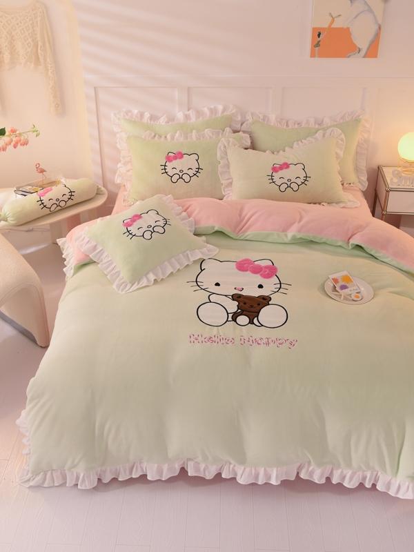 91家纺网 家纺一手货源 找家纺 丝印良品 2024新款高端牛奶绒卡通刺绣牛奶绒四件套 可爱猫-抹茶拼粉