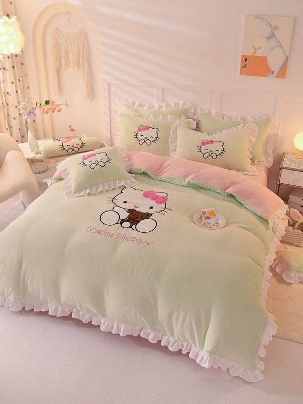 91家纺网 家纺一手货源 找家纺 丝印良品 2024新款高端牛奶绒卡通刺绣牛奶绒四件套 可爱猫-抹茶拼粉