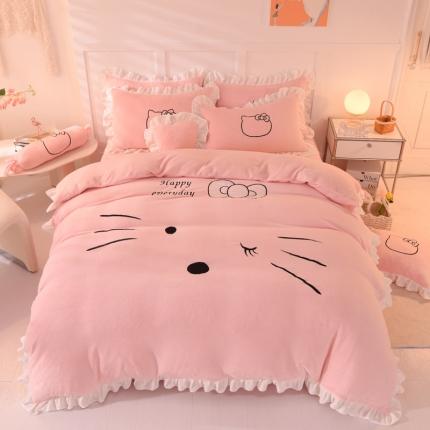 丝印良品 2024新款高端牛奶绒卡通刺绣牛奶绒四件套 美美猫-粉