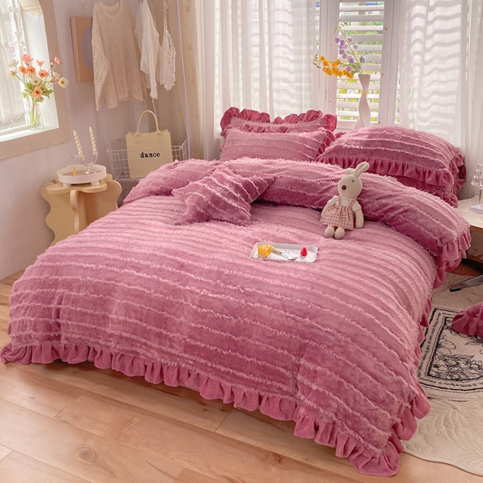 91家纺网 家纺一手货源 找家纺 欧冠 2023新款高端牛奶绒提花四件套 豆沙红