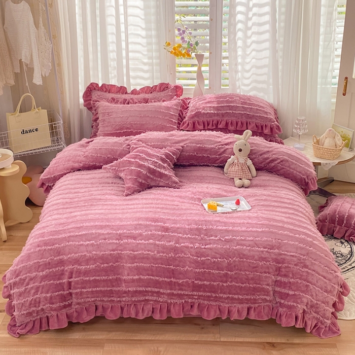 91家纺网 家纺一手货源 找家纺 欧冠 2023新款高端牛奶绒提花四件套 豆沙红