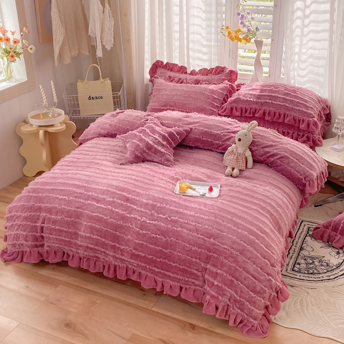 91家纺网 家纺一手货源 找家纺 绒世界 2024新款高端牛奶绒提花四件套 豆沙红