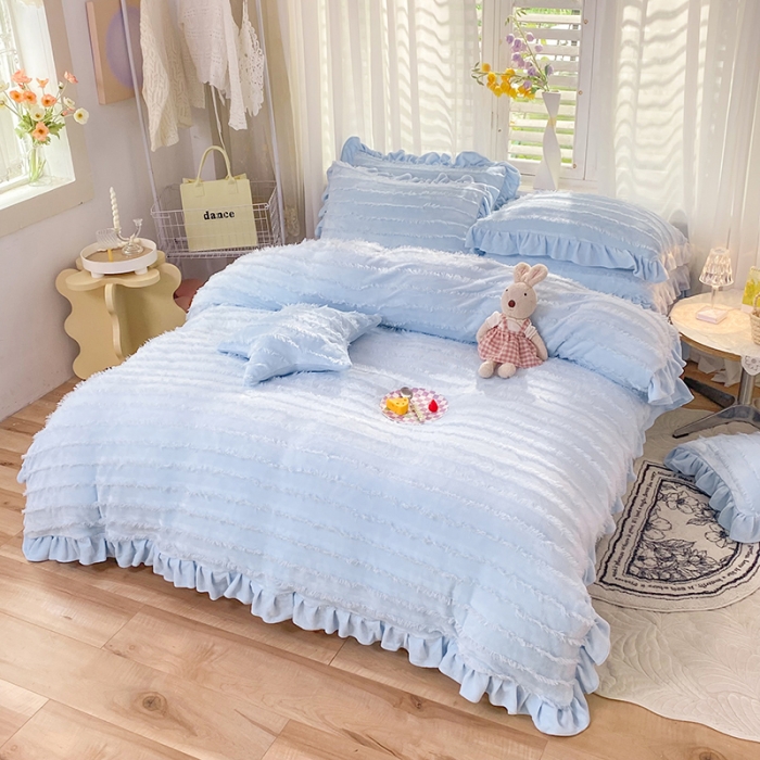 91家纺网 家纺一手货源 找家纺 绒世界 2024新款高端牛奶绒提花四件套 静谧蓝