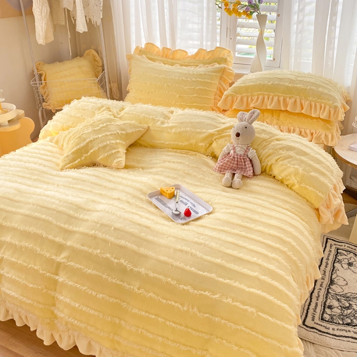 91家纺网 家纺一手货源 找家纺 欧冠 2023新款高端牛奶绒提花四件套 柠檬黄