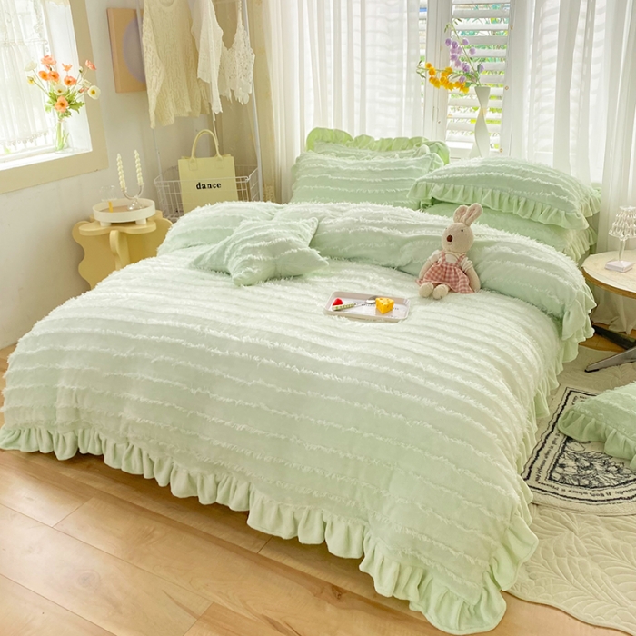 91家纺网 家纺一手货源 找家纺 绒世界 2024新款高端牛奶绒提花四件套 抹茶绿