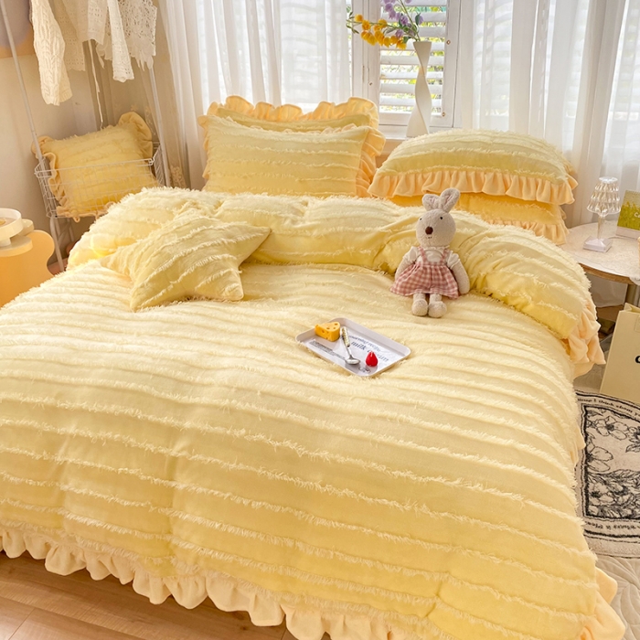 91家纺网 家纺一手货源 找家纺 绒世界 2024新款高端牛奶绒提花四件套 柠檬黄