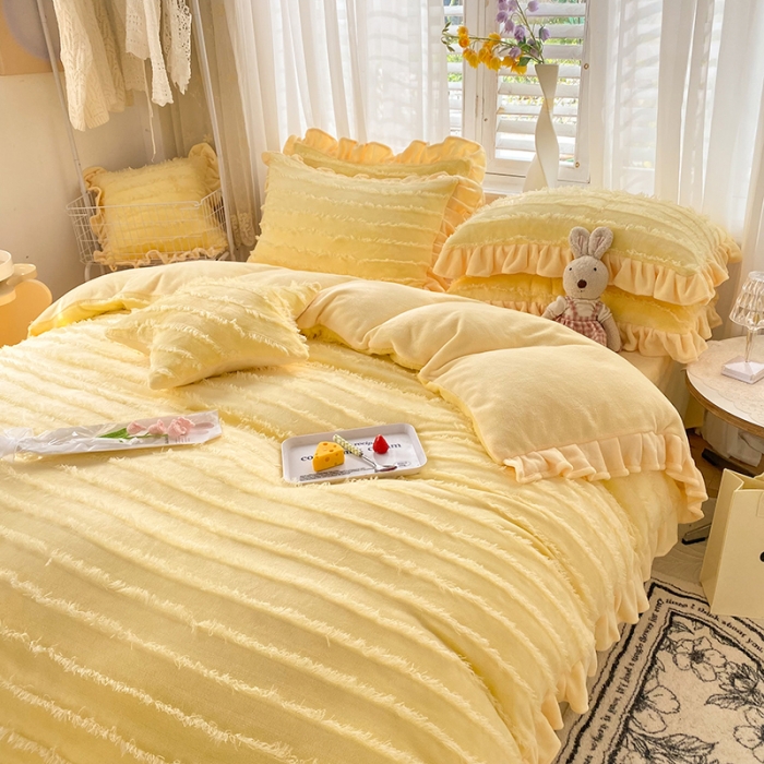 91家纺网 家纺一手货源 找家纺 绒世界 2024新款高端牛奶绒提花四件套 柠檬黄