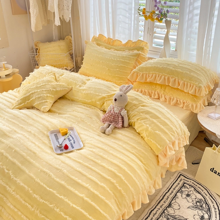 91家纺网 家纺一手货源 找家纺 绒世界 2024新款高端牛奶绒提花四件套 柠檬黄