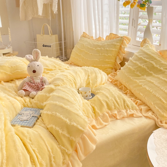 91家纺网 家纺一手货源 找家纺 绒世界 2024新款高端牛奶绒提花四件套 柠檬黄