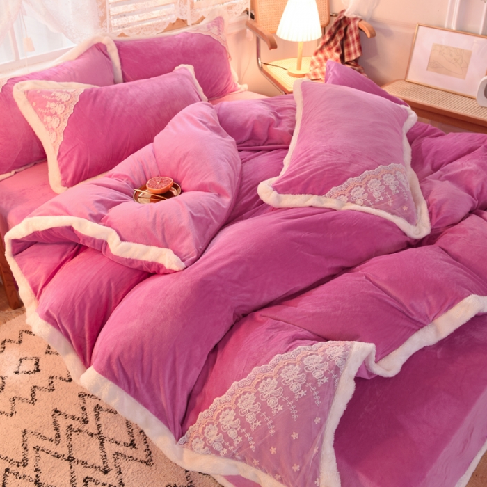 91家纺网 家纺一手货源 找家纺 欧冠 2023新款韩版公主牛奶绒四件套 姹紫