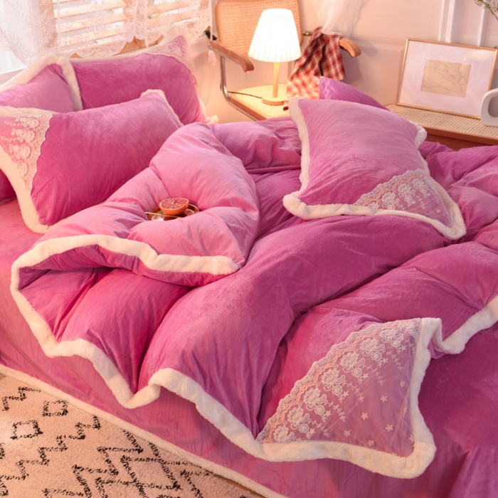 91家纺网 家纺一手货源 找家纺 欧冠 2023新款韩版公主牛奶绒四件套 姹紫