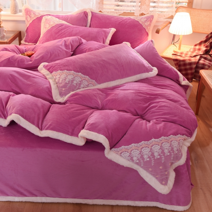 91家纺网 家纺一手货源 找家纺 绒世界 2024新款韩版公主牛奶绒四件套 姹紫