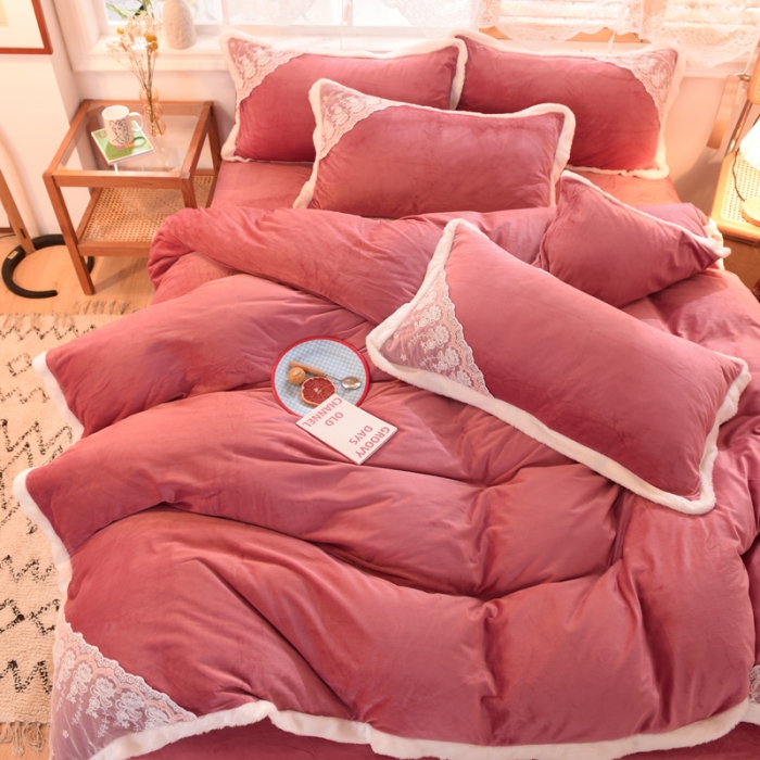 91家纺网 家纺一手货源 找家纺 绒世界 2024新款韩版公主牛奶绒四件套 豆沙