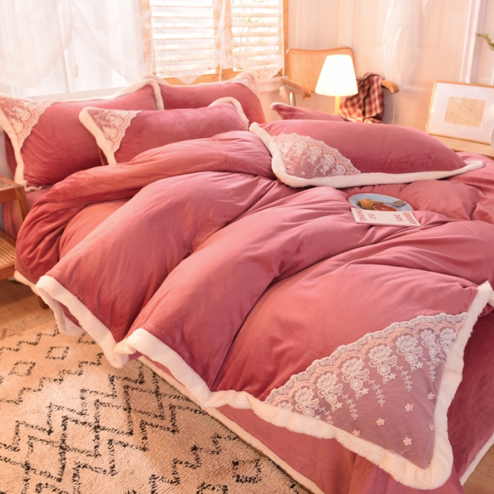 91家纺网 家纺一手货源 找家纺 欧冠 2023新款韩版公主牛奶绒四件套 豆沙