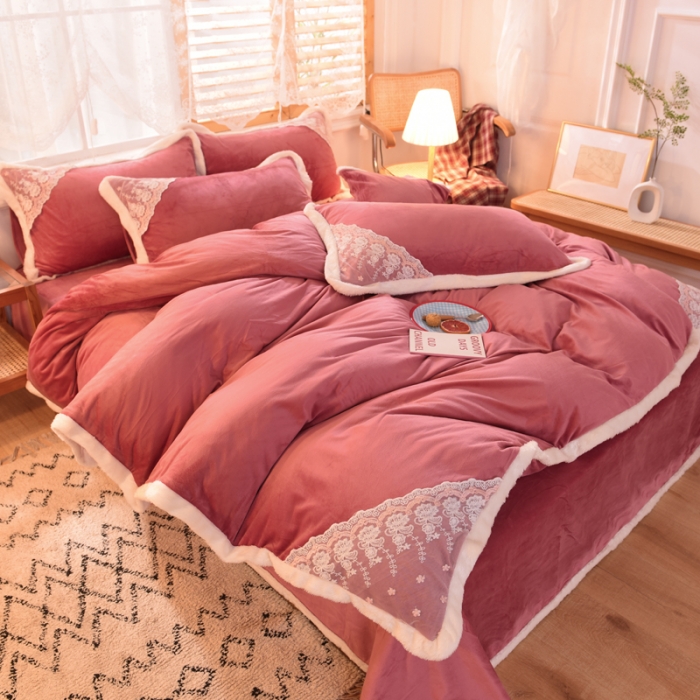 91家纺网 家纺一手货源 找家纺 欧冠 2023新款韩版公主牛奶绒四件套 豆沙