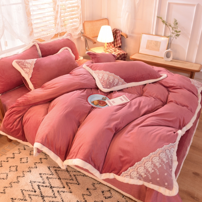 91家纺网 家纺一手货源 找家纺 欧冠 2023新款韩版公主牛奶绒四件套 豆沙