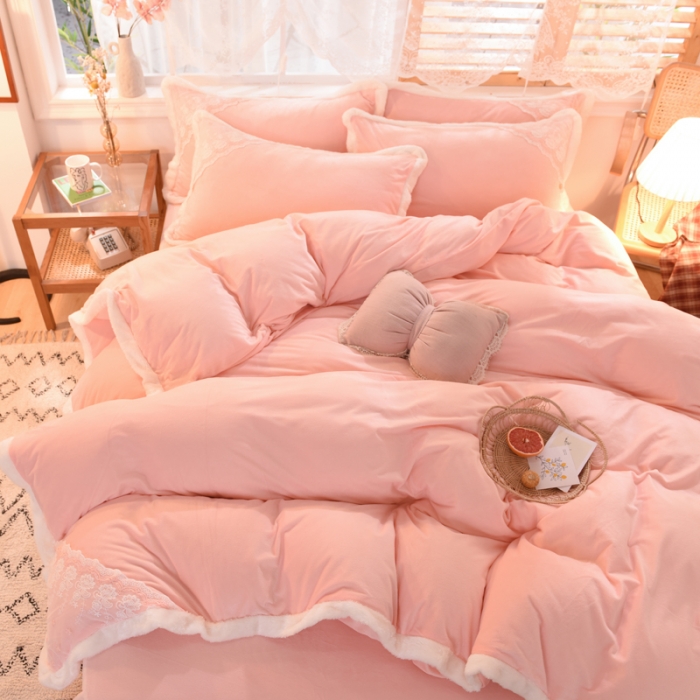 91家纺网 家纺一手货源 找家纺 欧冠 2023新款韩版公主牛奶绒四件套 粉玉