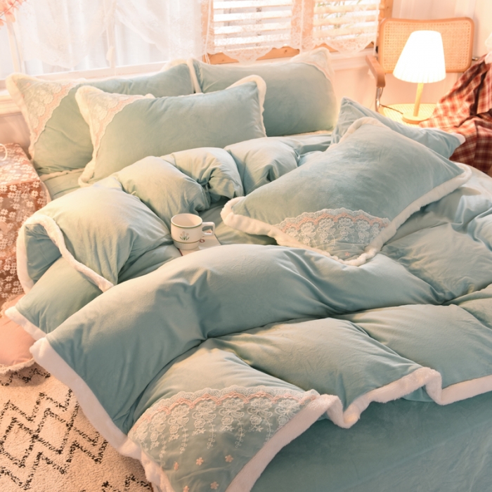 91家纺网 家纺一手货源 找家纺 欧冠 2023新款韩版公主牛奶绒四件套 幕蓝