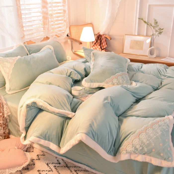 91家纺网 家纺一手货源 找家纺 欧冠 2023新款韩版公主牛奶绒四件套 幕蓝