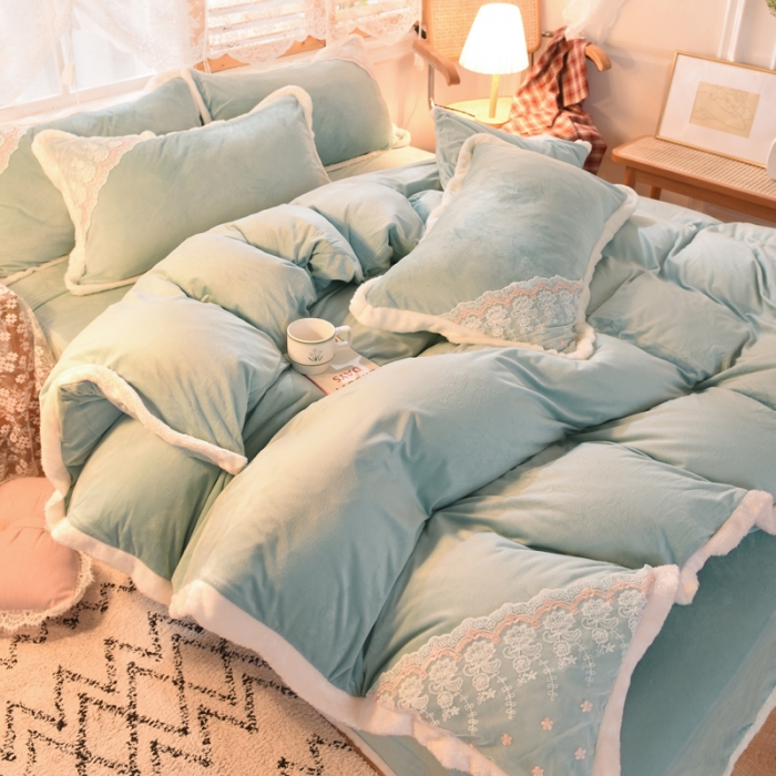 91家纺网 家纺一手货源 找家纺 欧冠 2023新款韩版公主牛奶绒四件套 幕蓝