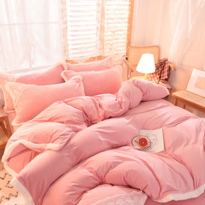 91家纺网 家纺一手货源 找家纺 欧冠 2023新款韩版公主牛奶绒四件套 深粉