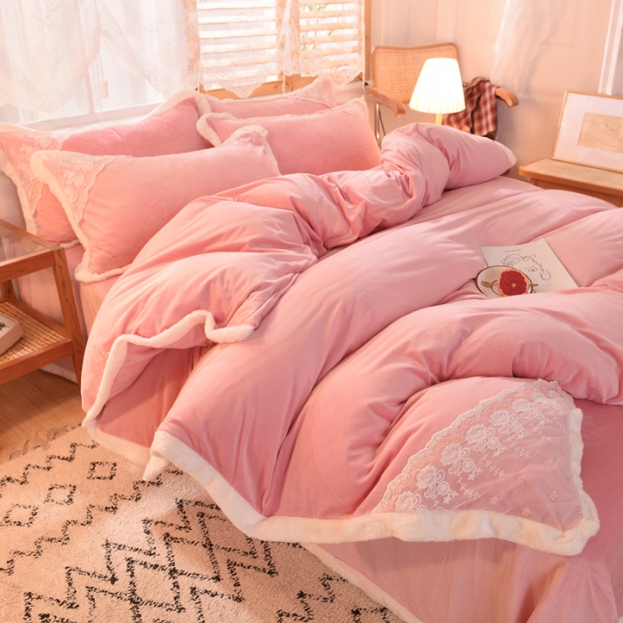 91家纺网 家纺一手货源 找家纺 欧冠 2023新款韩版公主牛奶绒四件套 深粉