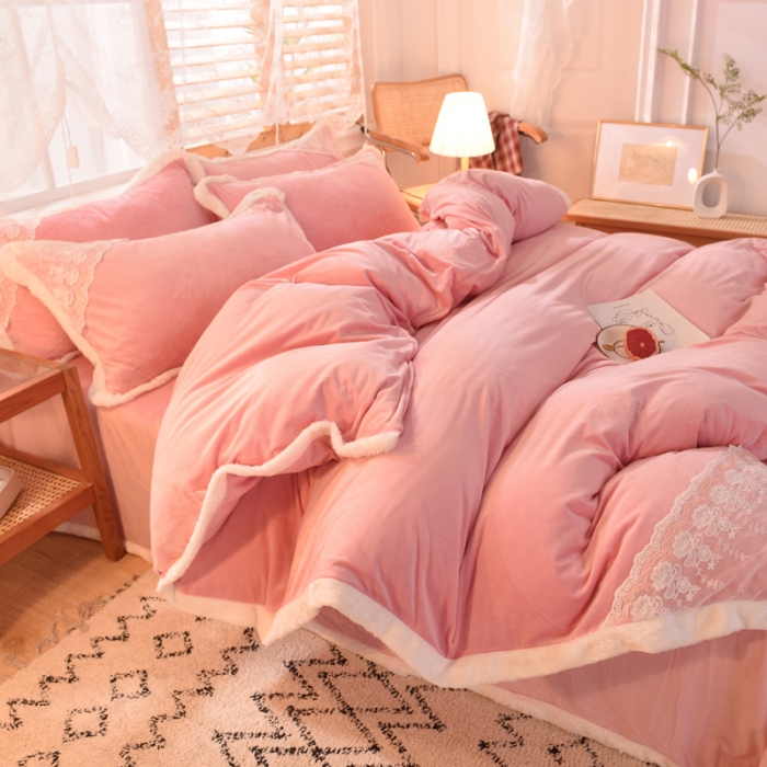 91家纺网 家纺一手货源 找家纺 欧冠 2023新款韩版公主牛奶绒四件套 深粉