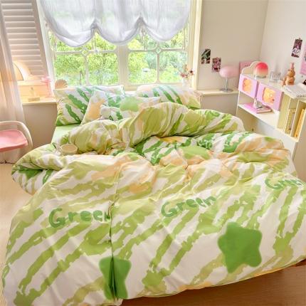 91家纺网 家纺一手货源 找家纺 花伞 2023直播新款40支高密全棉纯棉小清新四件套-绿色星星