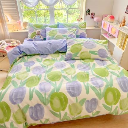 91家纺网 家纺一手货源 找家纺 花伞 2023直播新款40支高密全棉纯棉小清新四件套-郁金香盛开