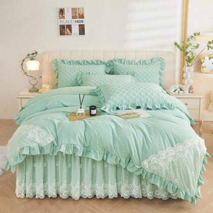 91家纺网 家纺一手货源 找家纺 情恒 2025新款蒙娜四季款A类云锦棉床裙四件套 清新绿