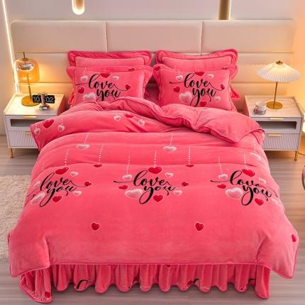 91家纺网 家纺一手货源 找家纺 新8.5-9.5斤法莱绒四件套珊瑚牛奶金貂绒四件套床裙 爱心满满