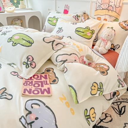 91家纺网 家纺一手货源 找家纺 花伞家居 2024直播网销斜纹加厚磨毛印花植物羊绒四件套 动物园聚会