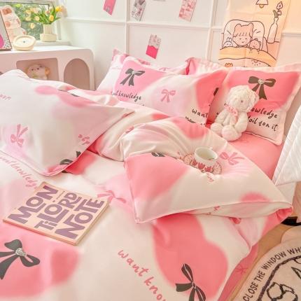 91家纺网 家纺一手货源 找家纺 花伞家居 2024直播网销斜纹加厚磨毛印花植物羊绒四件套 黑蝴蝶结