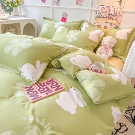 91家纺网 家纺一手货源 找家纺 花伞家居 2024直播网销斜纹加厚磨毛印花植物羊绒四件套 绿色小兔